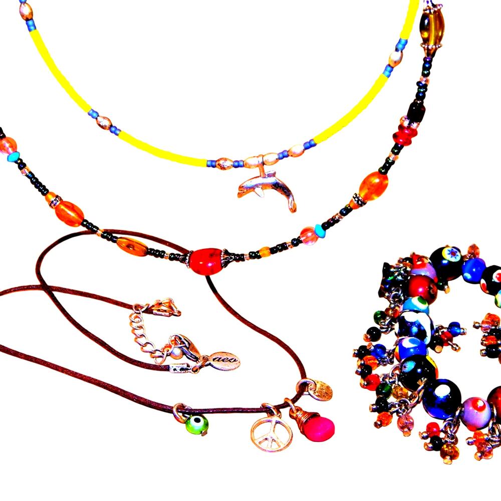 Vintage Colorful Eye Stretch Bracelet 2 Memory Wire Chokers 1 Silver Dolphin Lot